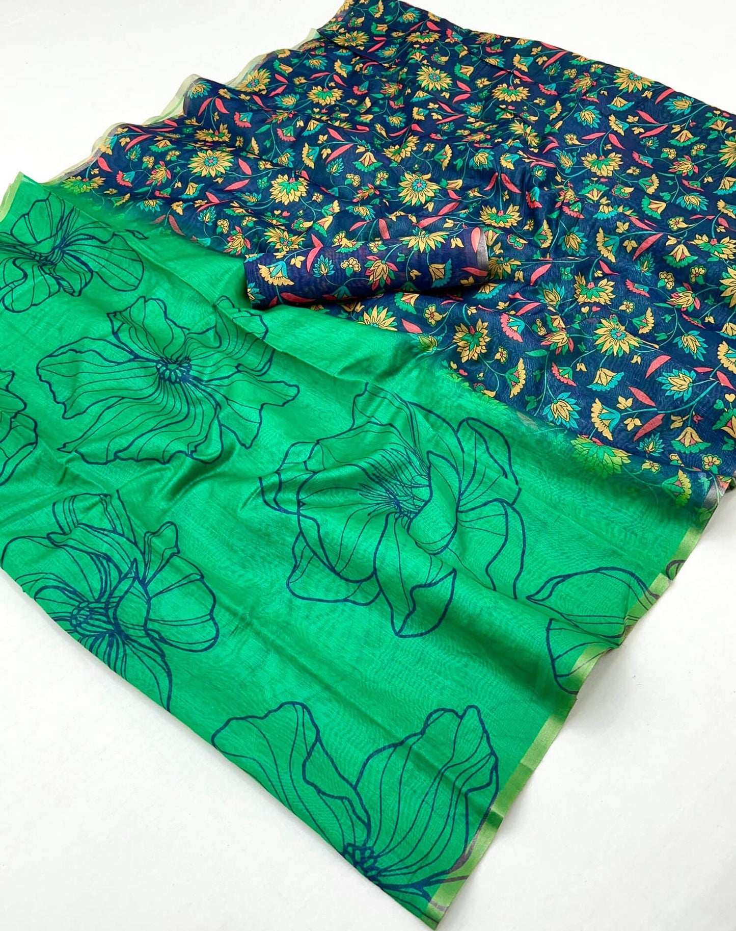 Confounding Sea Green Printed Cotton Silk Saree With Supernal Blouse Piece