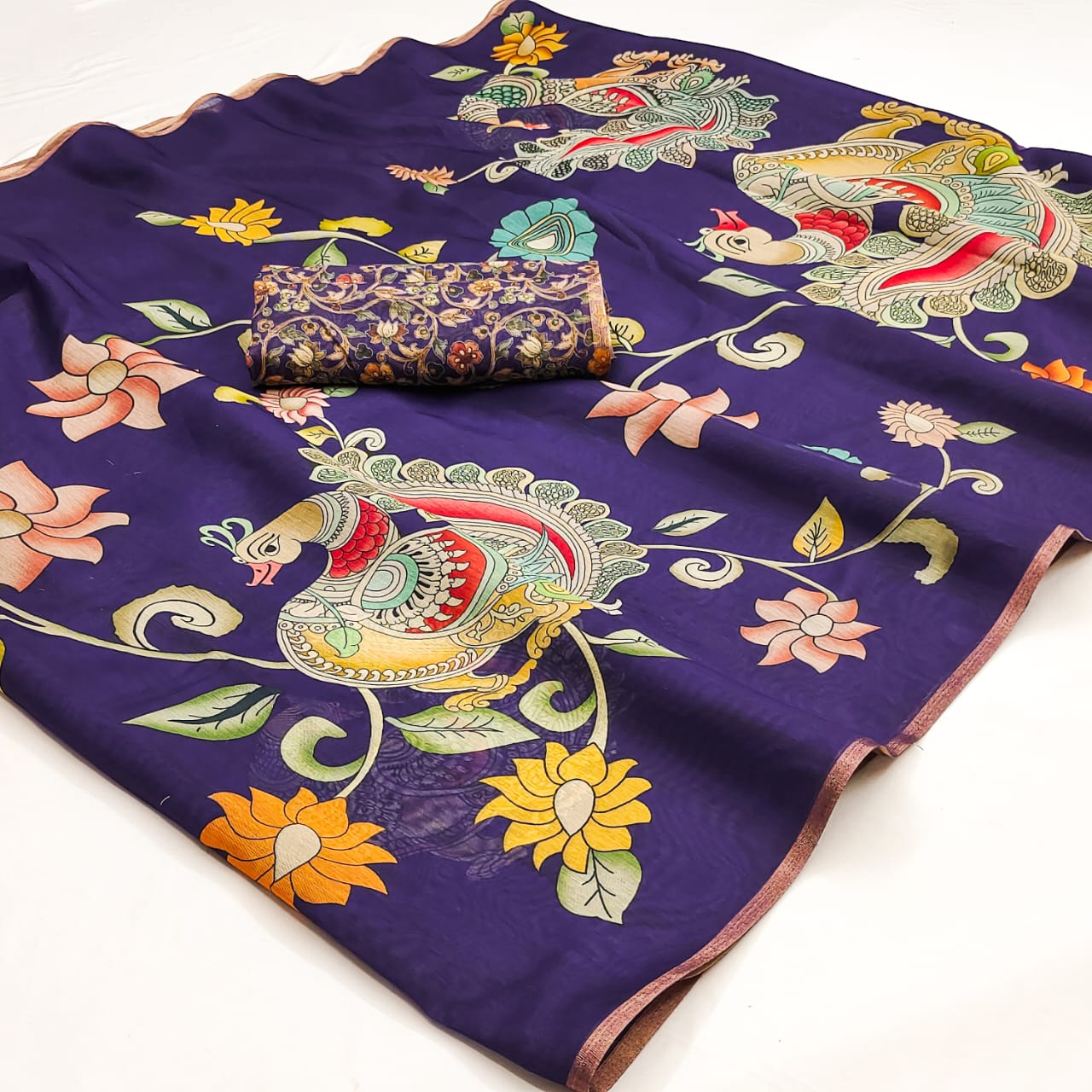 Epiphany Navy Blue Kalamkari Printed Cotton Silk Saree With Fairytale Blouse Piece
