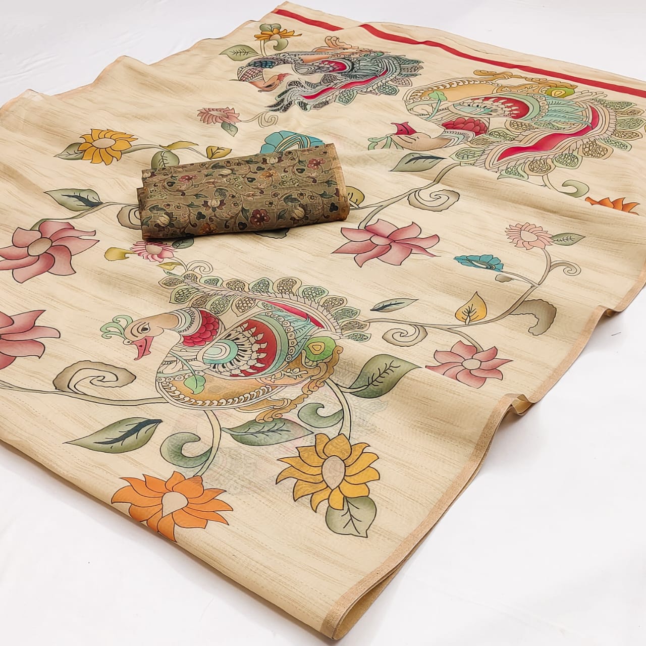 Posh Beige Kalamkari Printed Cotton Silk Saree With Demesne Blouse Piece