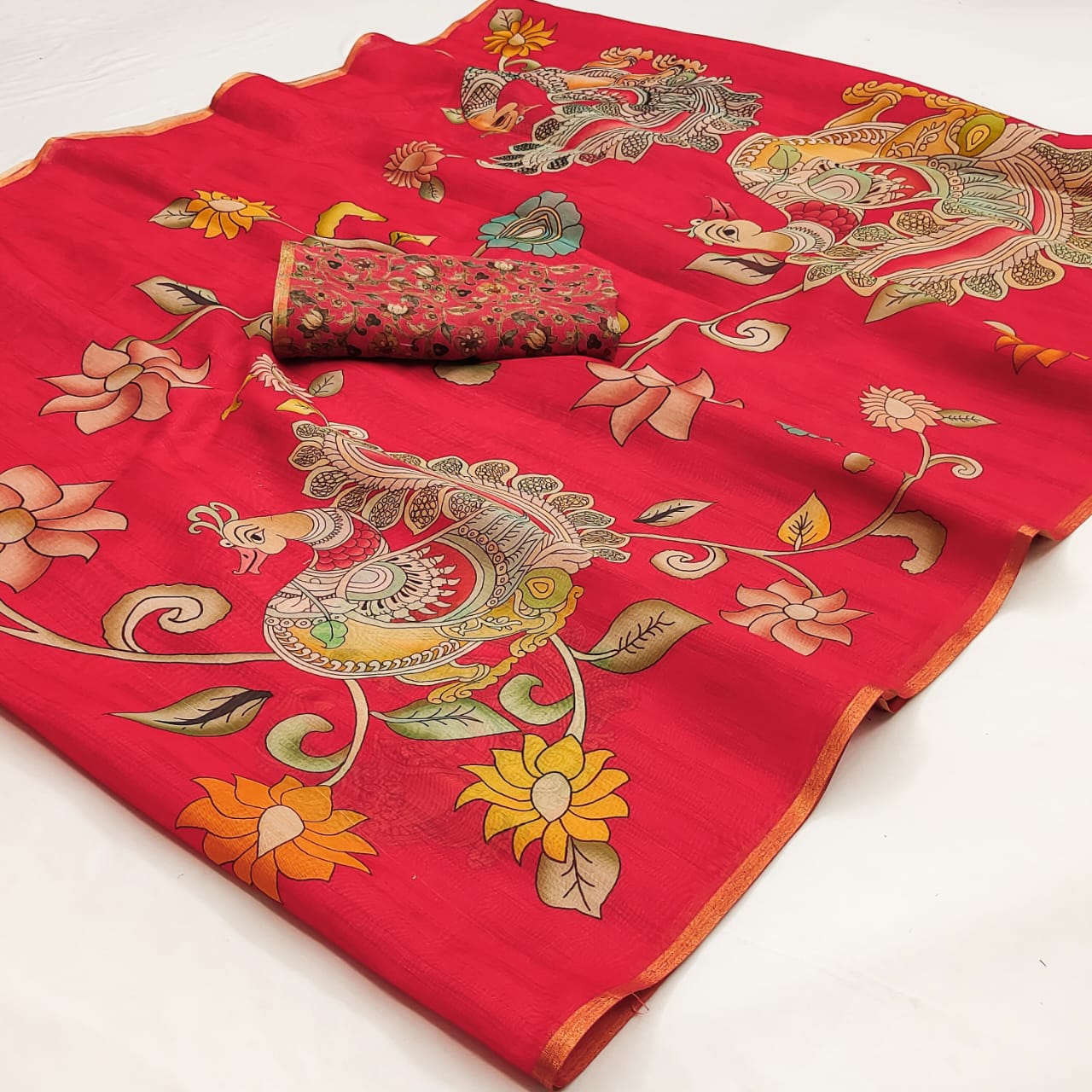 Dalliance Red Kalamkari Printed Cotton Silk Saree With Proficient Blouse Piece