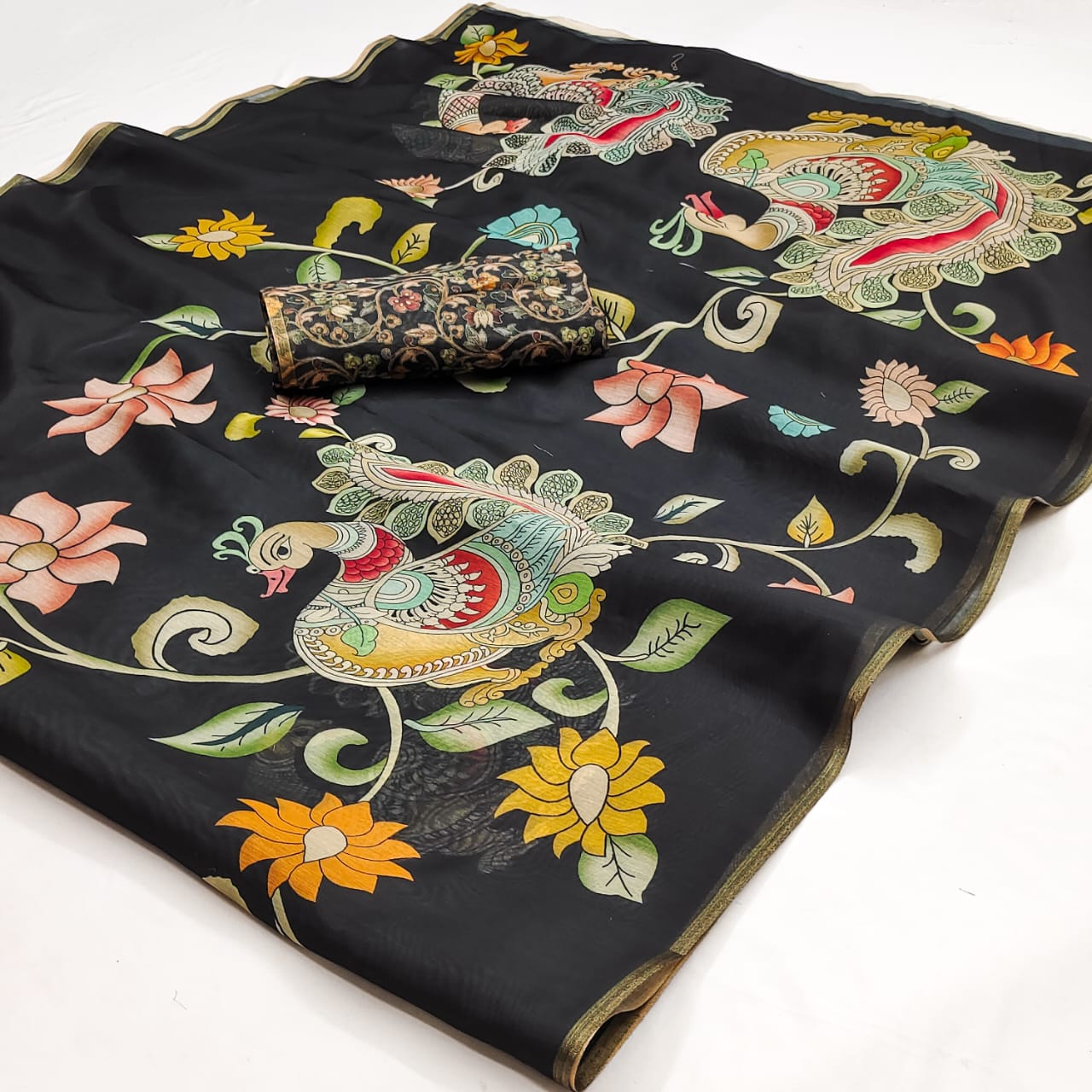 Glowing Black Kalamkari Printed Cotton Silk Saree With Admirable Blouse Piece