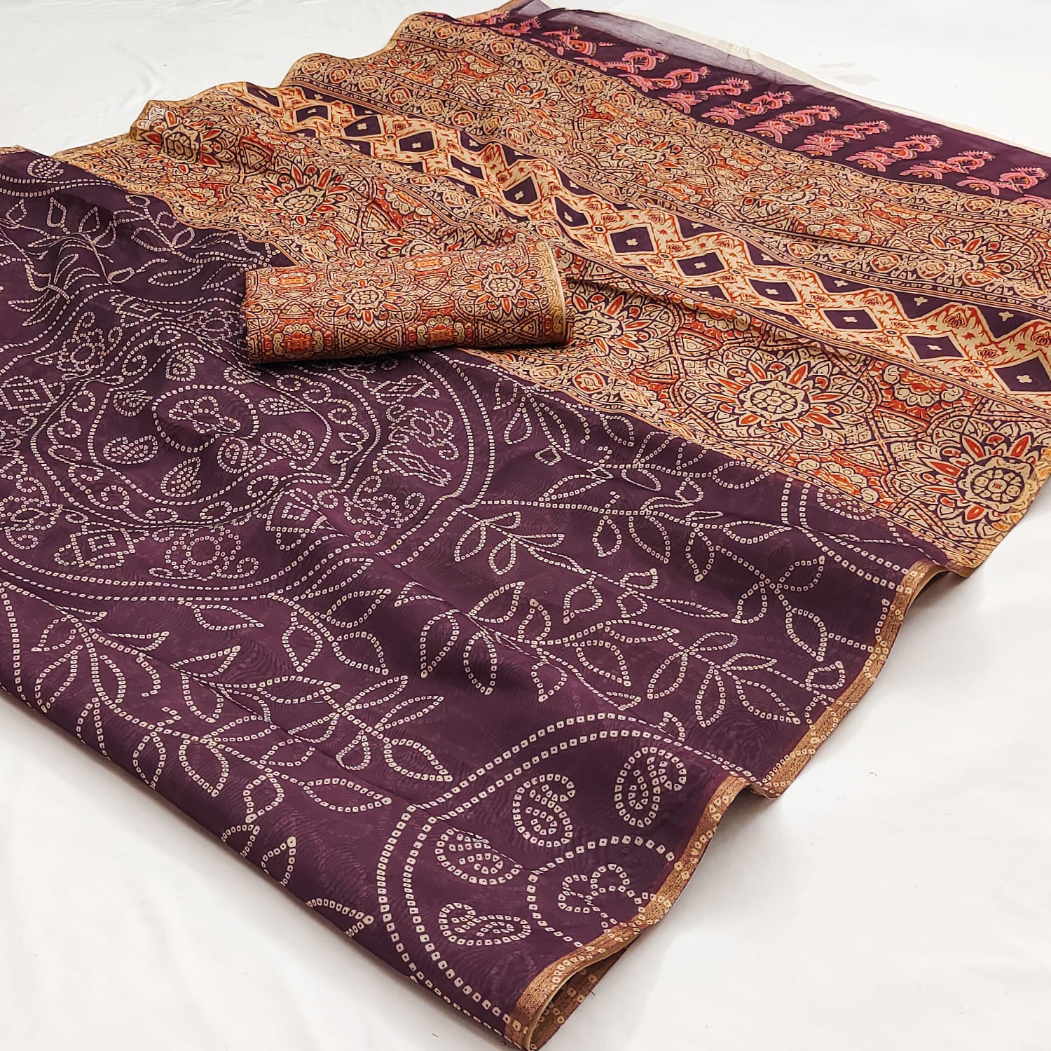 Redolent Wine Printed Cotton Silk Saree With Desultory Blouse Piece
