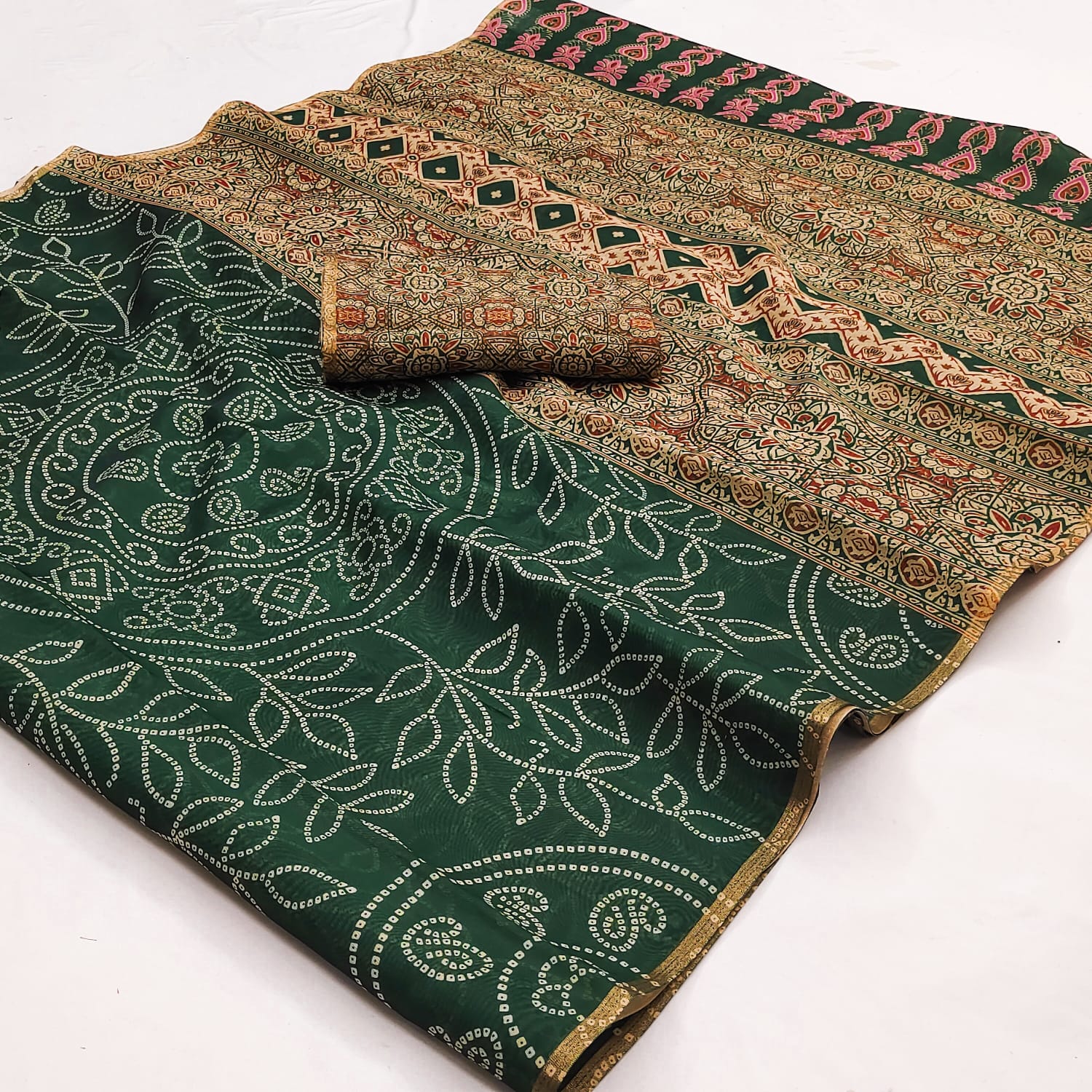 Winsome Dark Green Printed Cotton Silk Saree With Symmetrical Blouse Piece