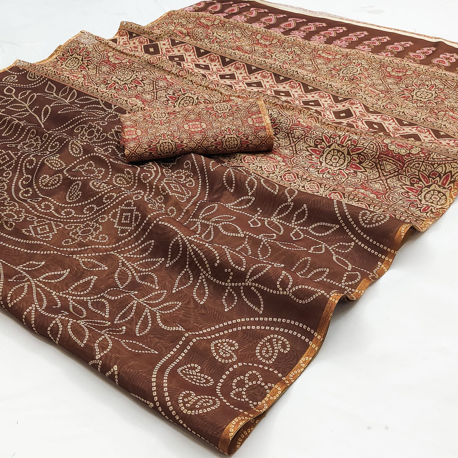 Jubilant Brown Printed Cotton Silk Saree With Nebula Blouse Piece