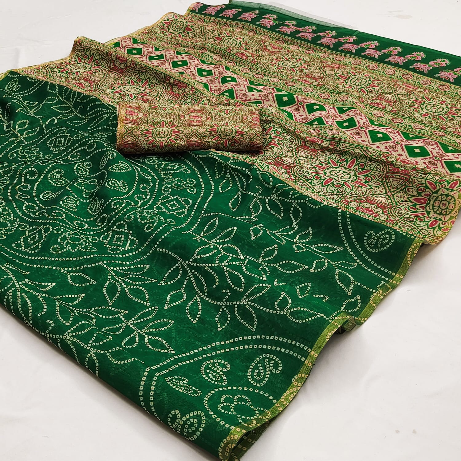 Gossamer Green Printed Cotton Silk Saree With Splendorous Blouse Piece