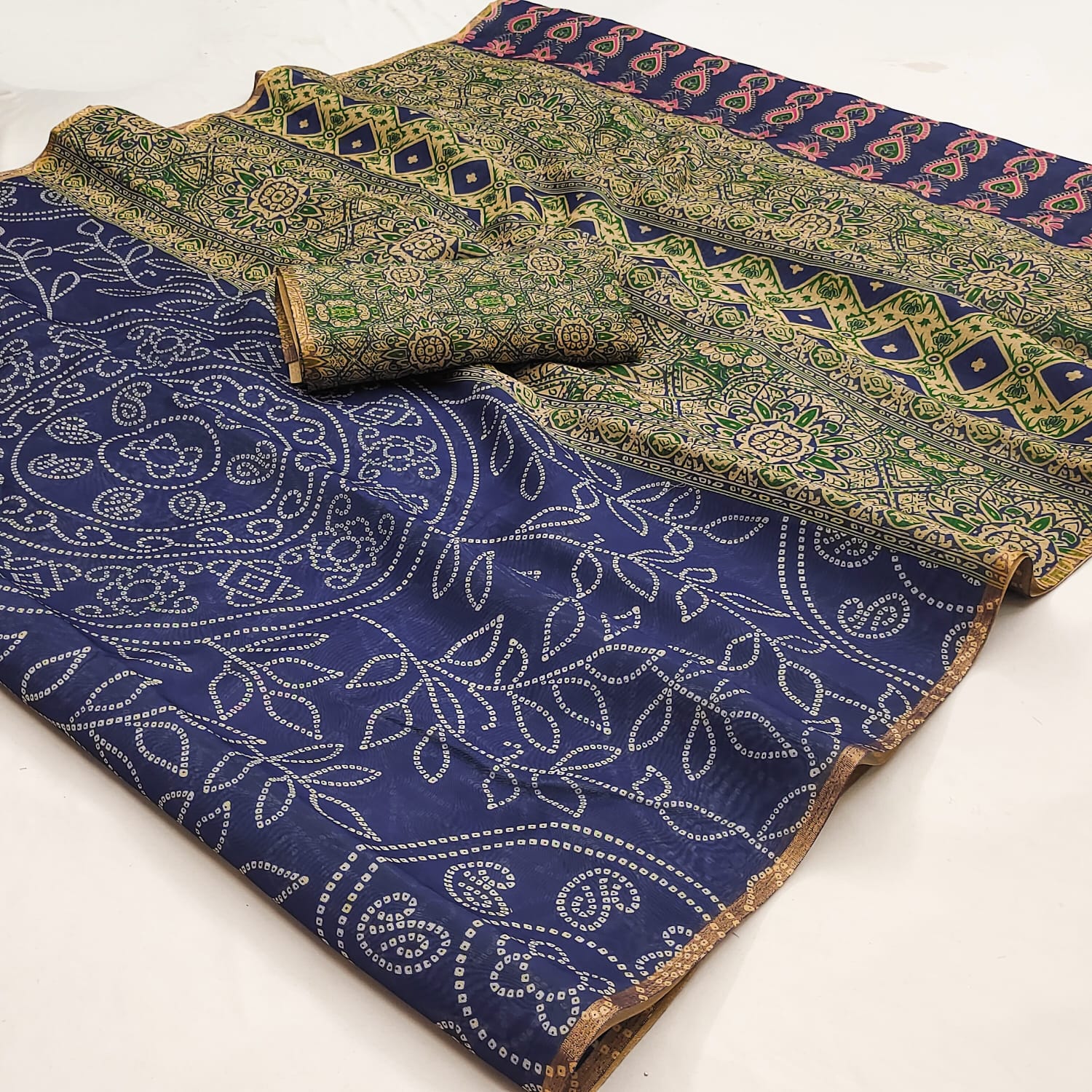 Devastating Navy Blue Printed Cotton Silk Saree With Scintilla Blouse Piece