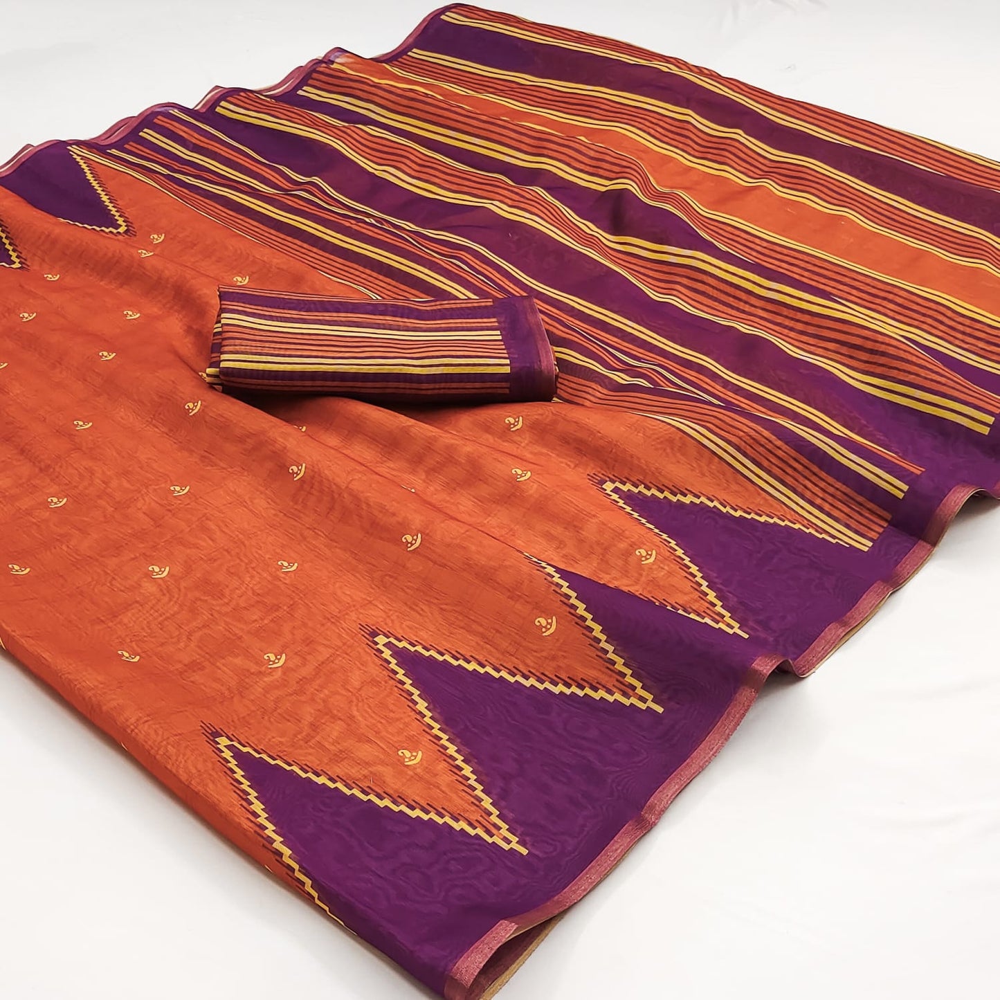 Sensational Orange Printed Cotton Silk Saree With Snazzy Blouse Piece