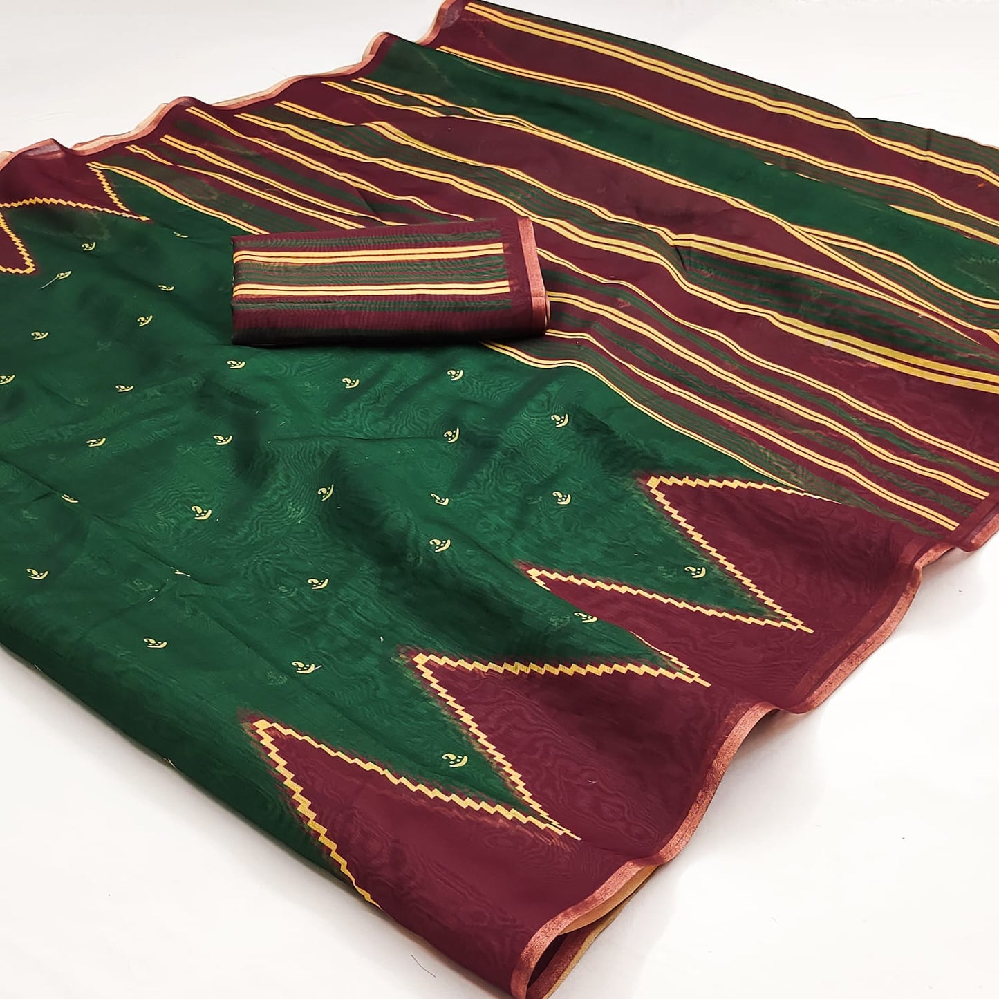 Precious Dark Green Printed Cotton Silk Saree With Pleasurable Blouse Piece