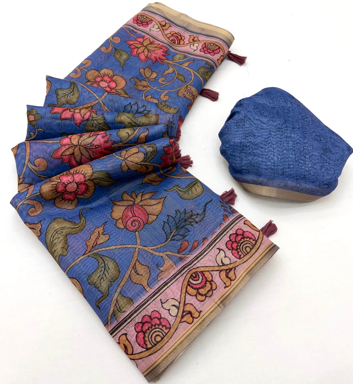 Innovative Blue Printed Cotton Silk Saree With Extraordinary Blouse Piece