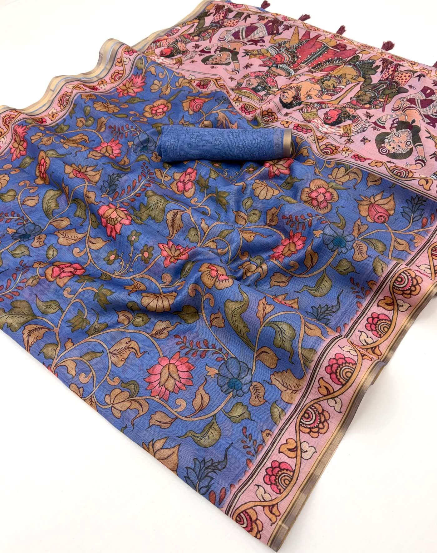 Innovative Blue Printed Cotton Silk Saree With Extraordinary Blouse Piece
