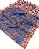 Innovative Blue Printed Cotton Silk Saree With Extraordinary Blouse Piece