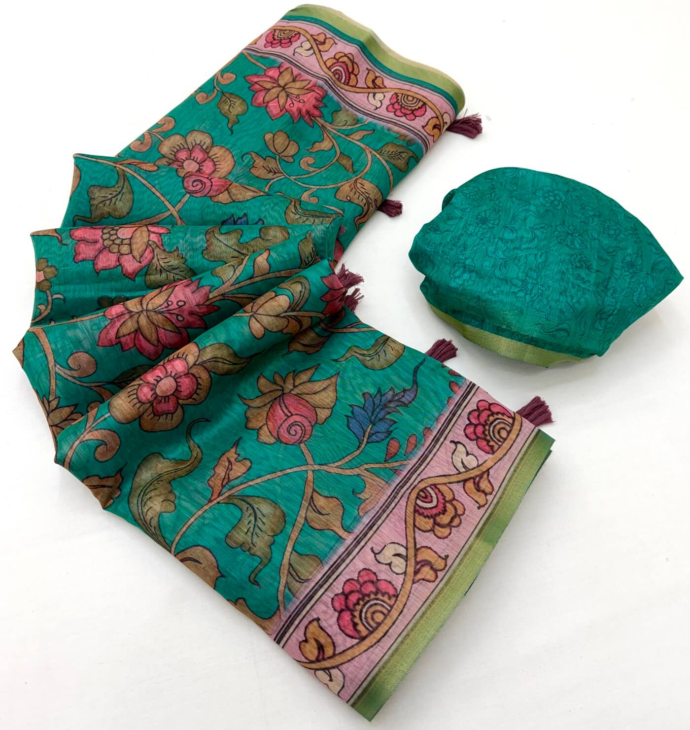 Radiant Rama Printed Cotton Silk Saree With Flameboyant Blouse Piece