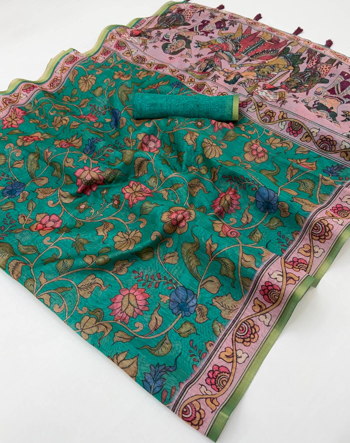 Radiant Rama Printed Cotton Silk Saree With Flameboyant Blouse Piece