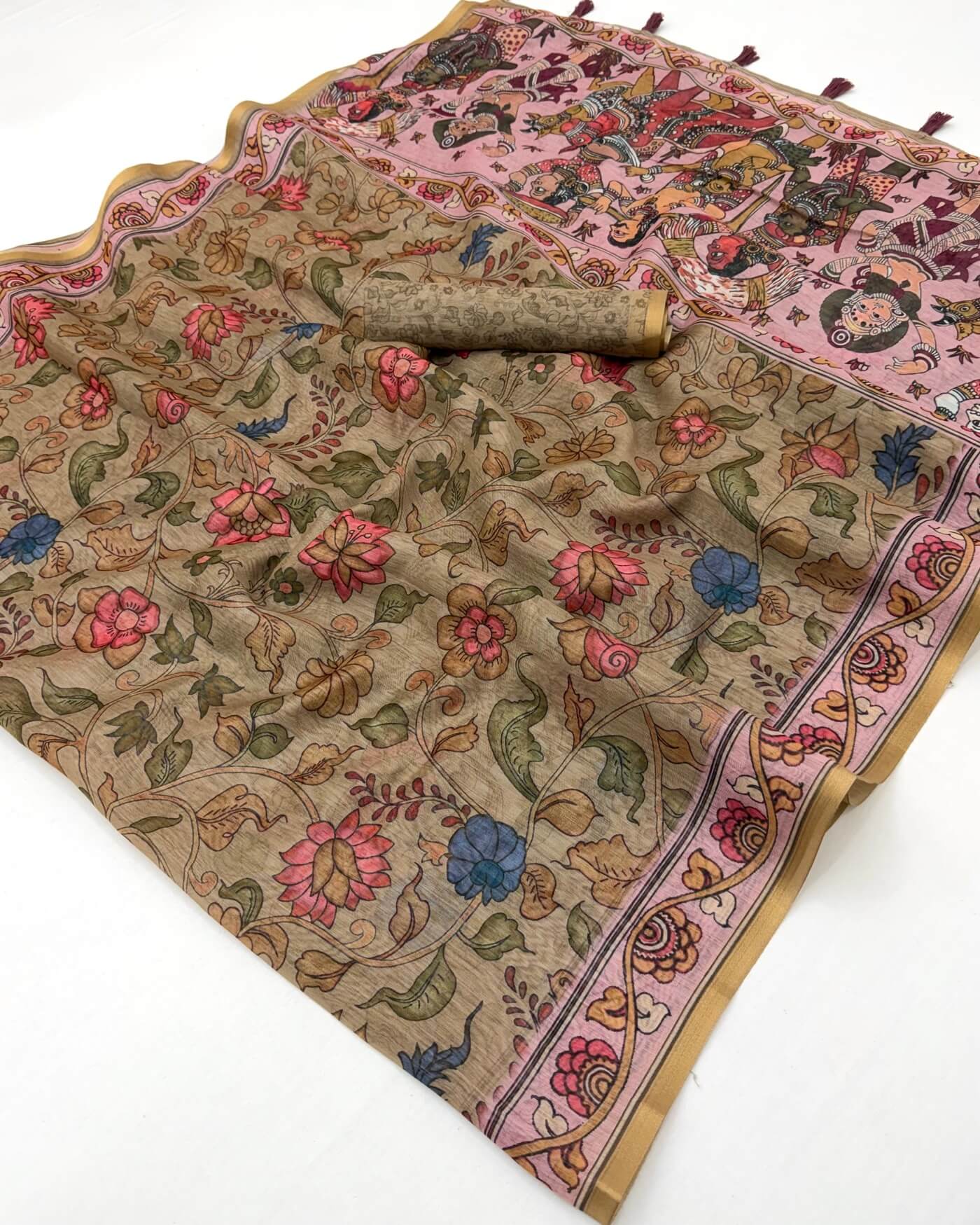 Fragrant Dark Beige Printed Cotton Silk Saree With Pleasurable Blouse Piece