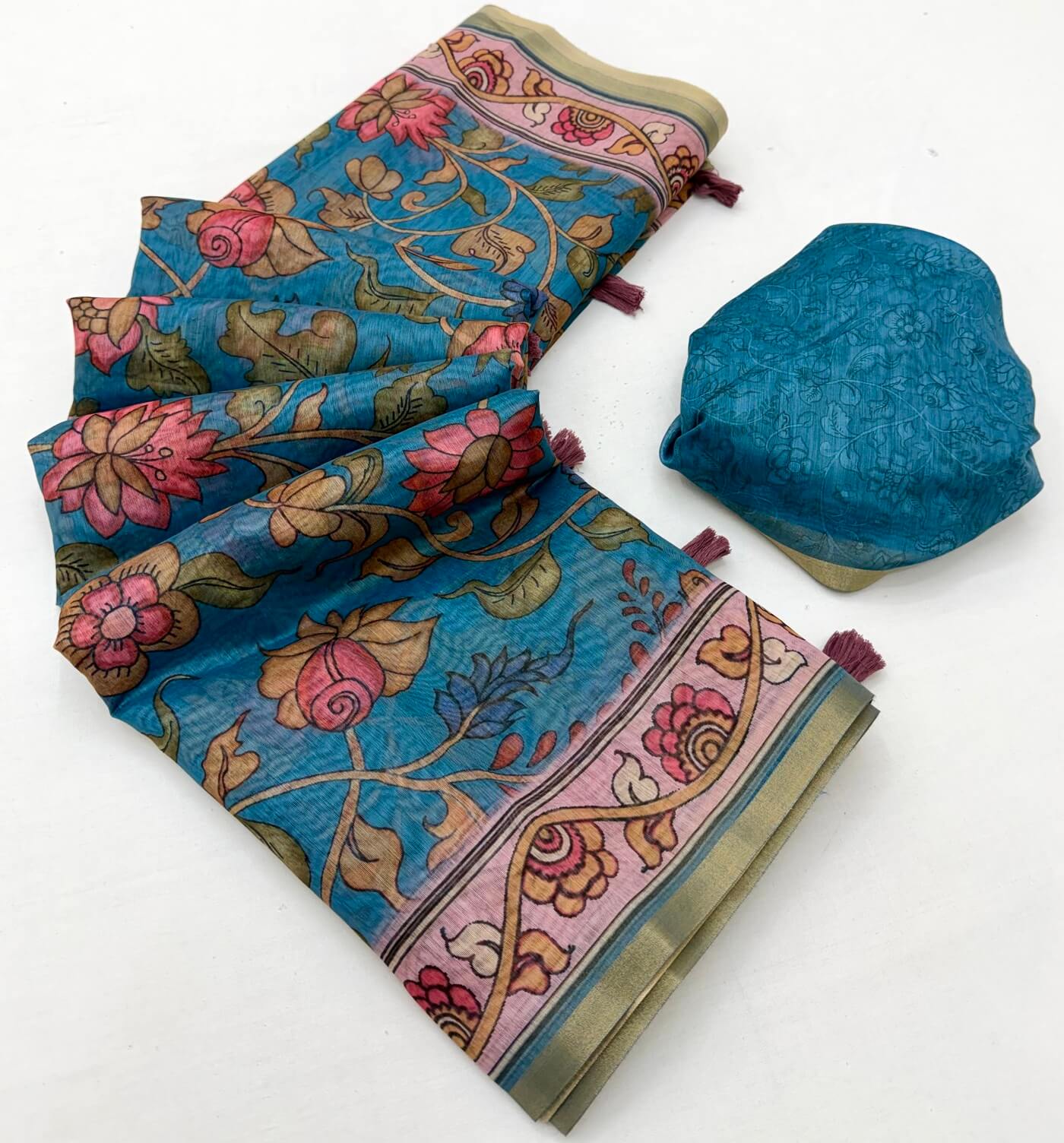 Nemesis Firozi Printed Cotton Silk Saree With Mesmeric Blouse Piece