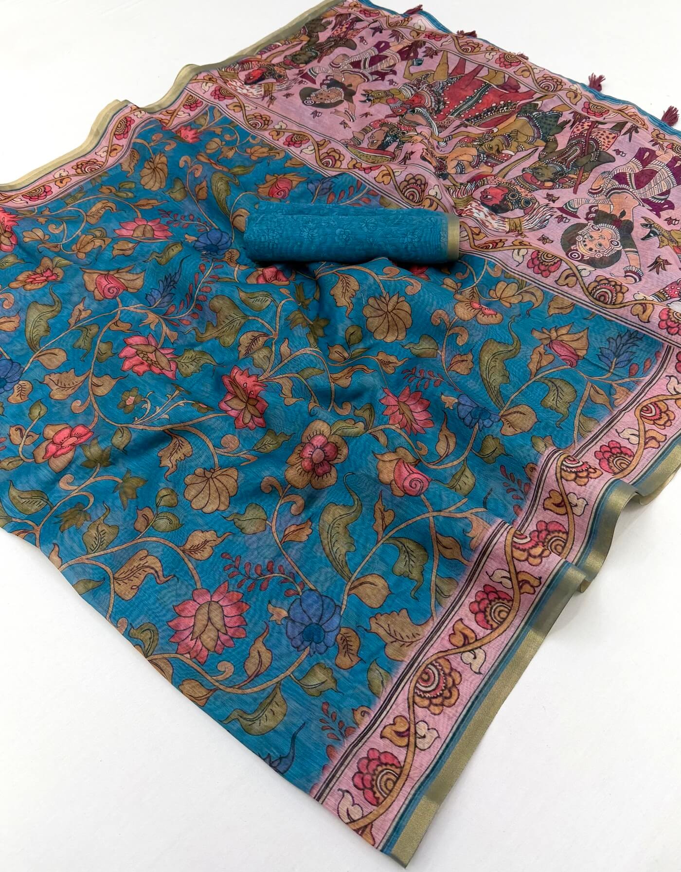 Nemesis Firozi Printed Cotton Silk Saree With Mesmeric Blouse Piece