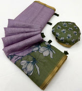 Devastating Lavender Printed Cotton Silk Saree With Angelic Blouse Piece