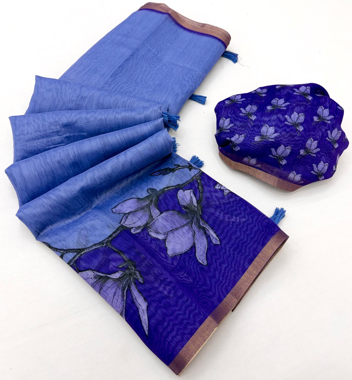 Confounding Blue Printed Cotton Silk Saree With Eloquence Blouse Piece