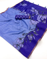 Confounding Blue Printed Cotton Silk Saree With Eloquence Blouse Piece
