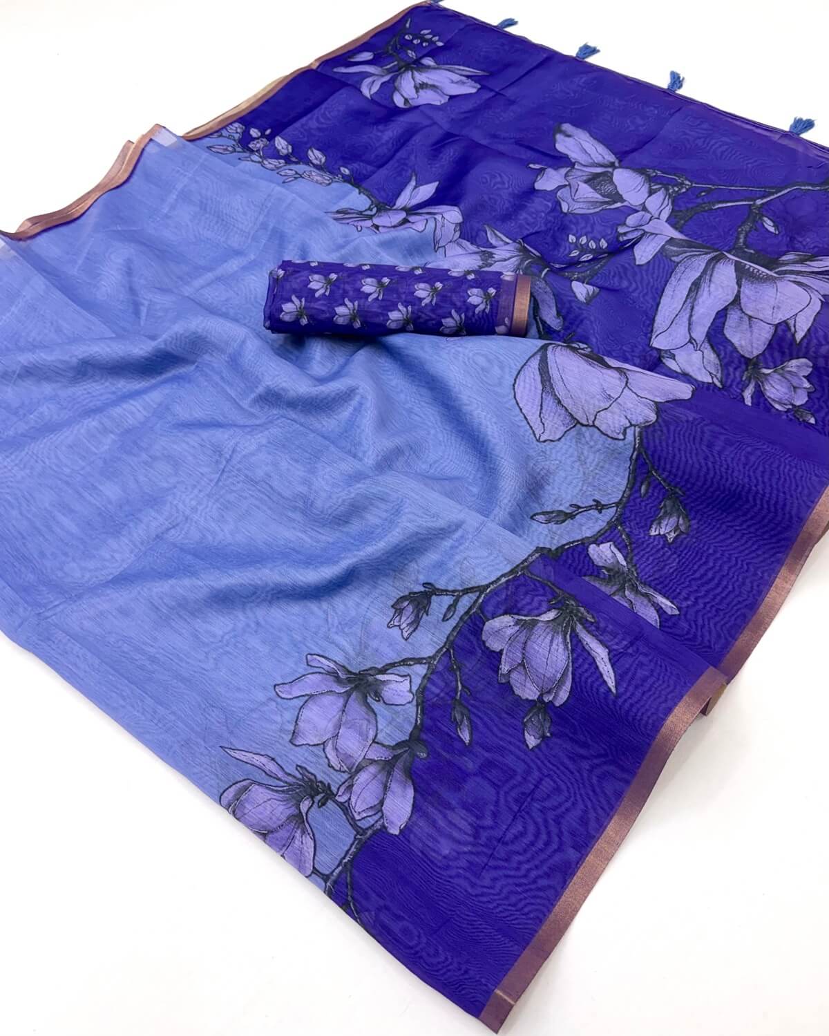 Confounding Blue Printed Cotton Silk Saree With Eloquence Blouse Piece