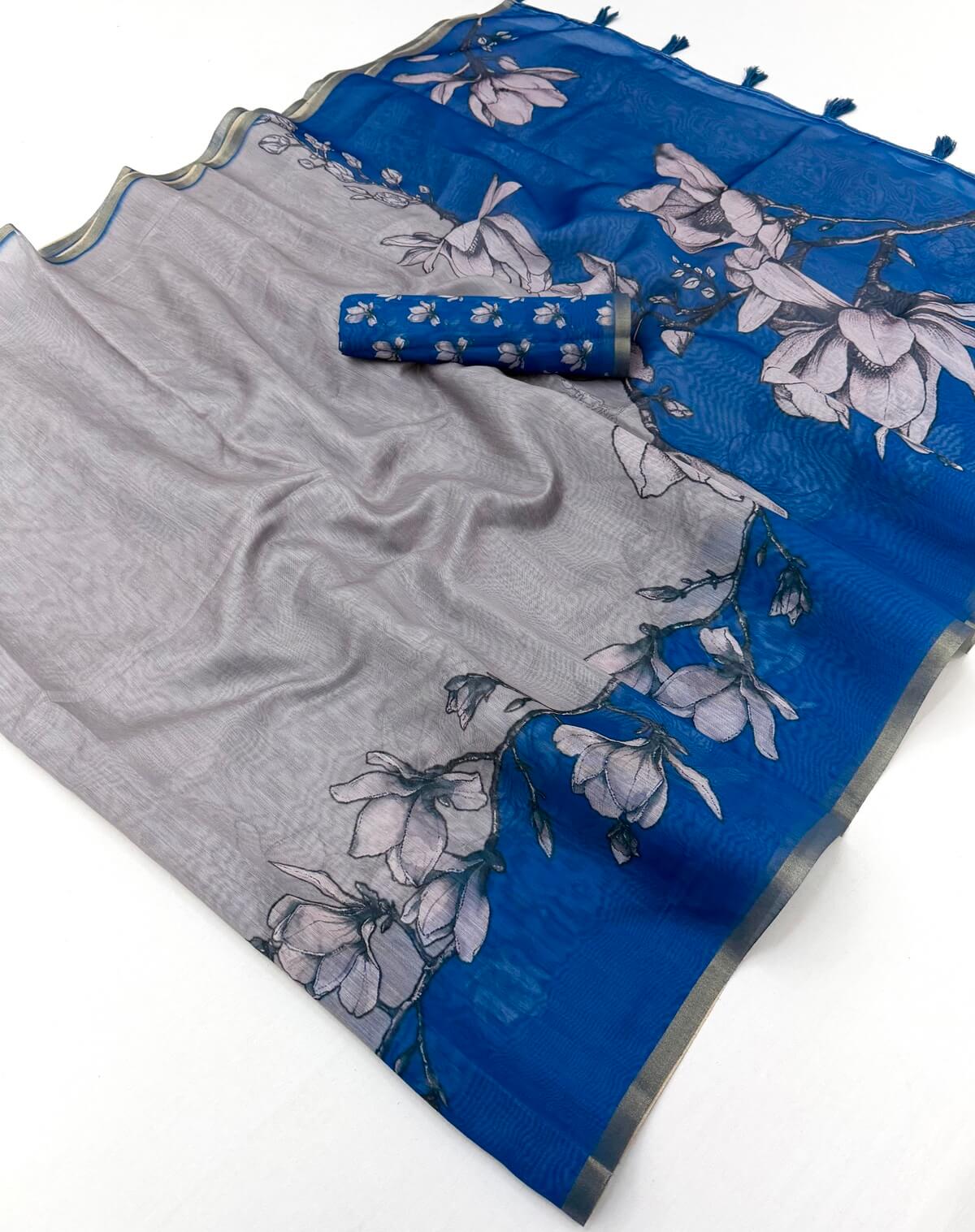 Quintessential Grey Printed Cotton Silk Saree With Chatoyant Blouse Piece