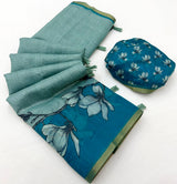 Enchanting Sea Green Printed Cotton Silk Saree With Felicitous Blouse Piece