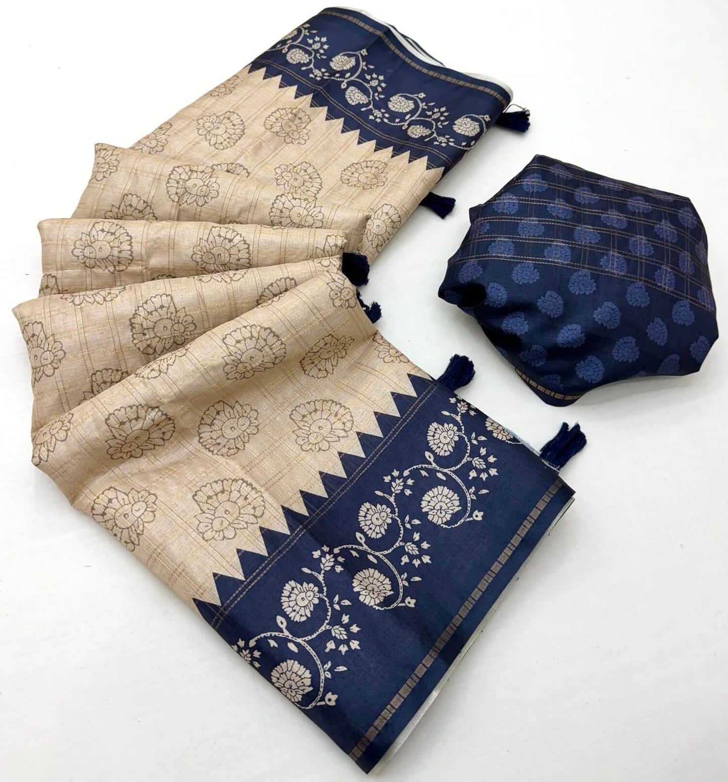 Exemplary Beige Printed Tussar Silk Saree With Splendiferous Blouse Piece