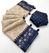 Exemplary Beige Printed Tussar Silk Saree With Splendiferous Blouse Piece