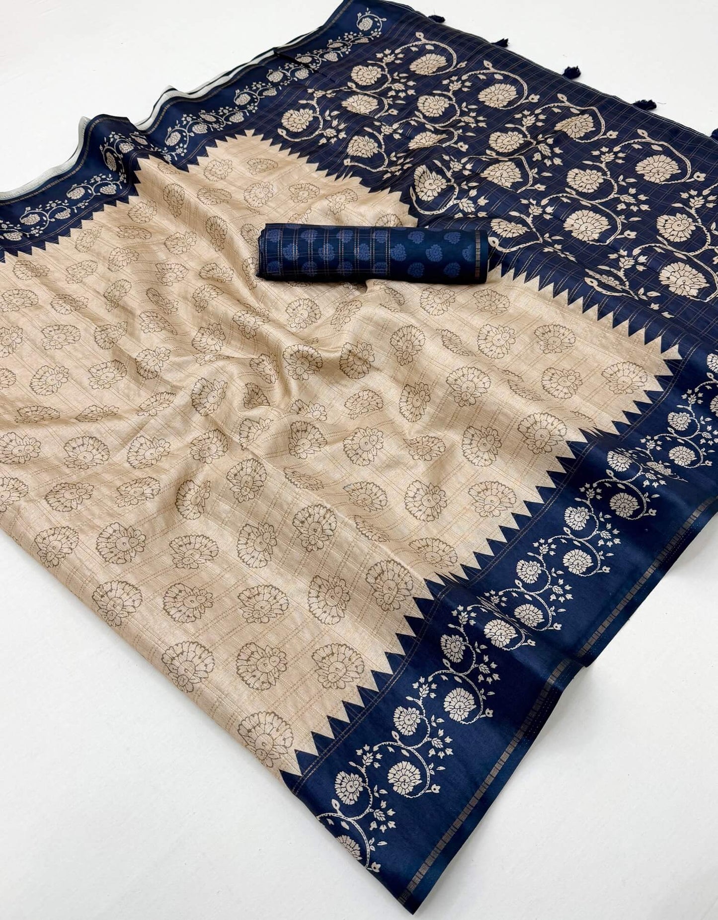 Exemplary Beige Printed Tussar Silk Saree With Splendiferous Blouse Piece