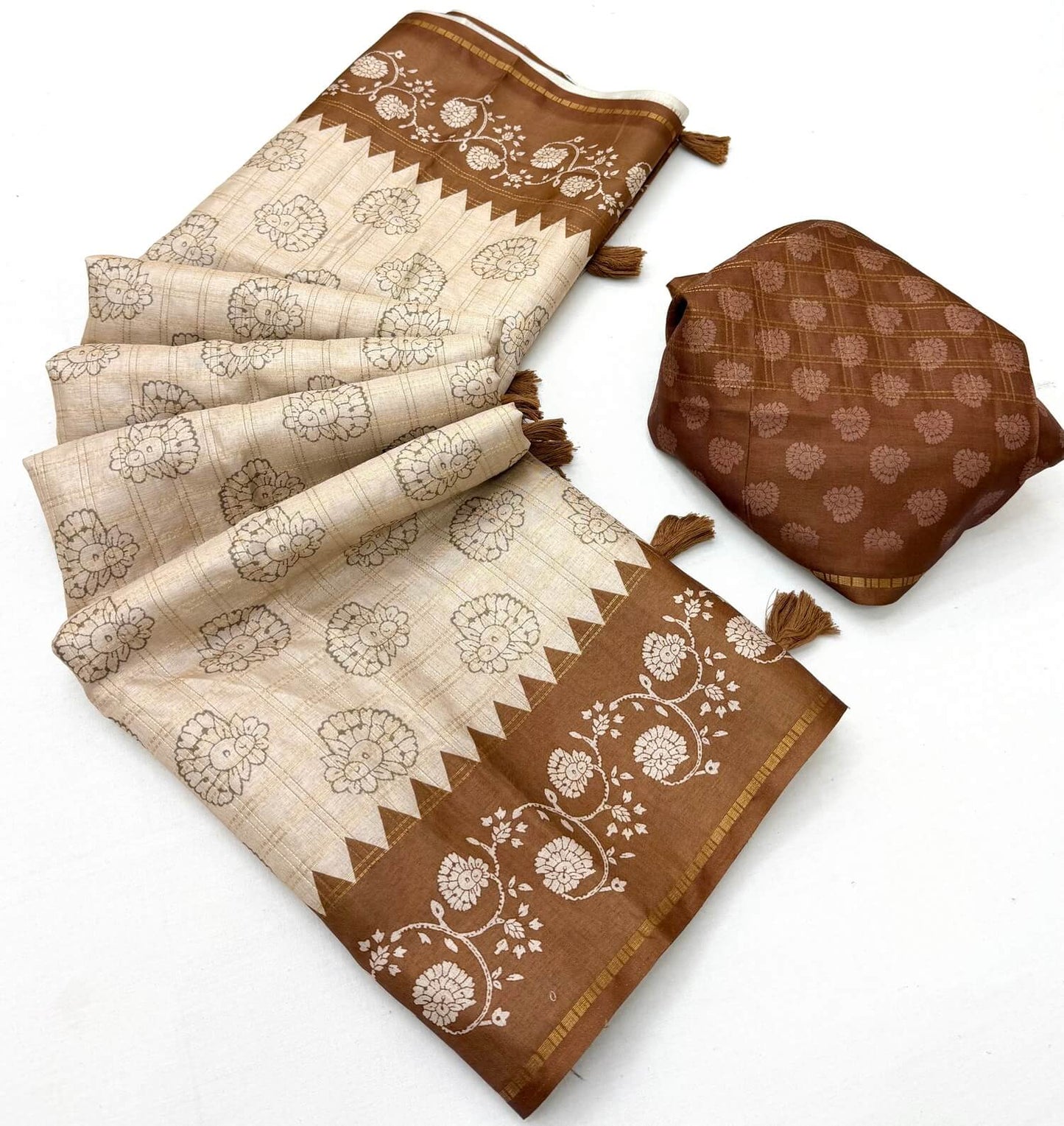 Appealing Beige Printed Tussar Silk Saree With Woebegone Blouse Piece