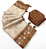 Appealing Beige Printed Tussar Silk Saree With Woebegone Blouse Piece