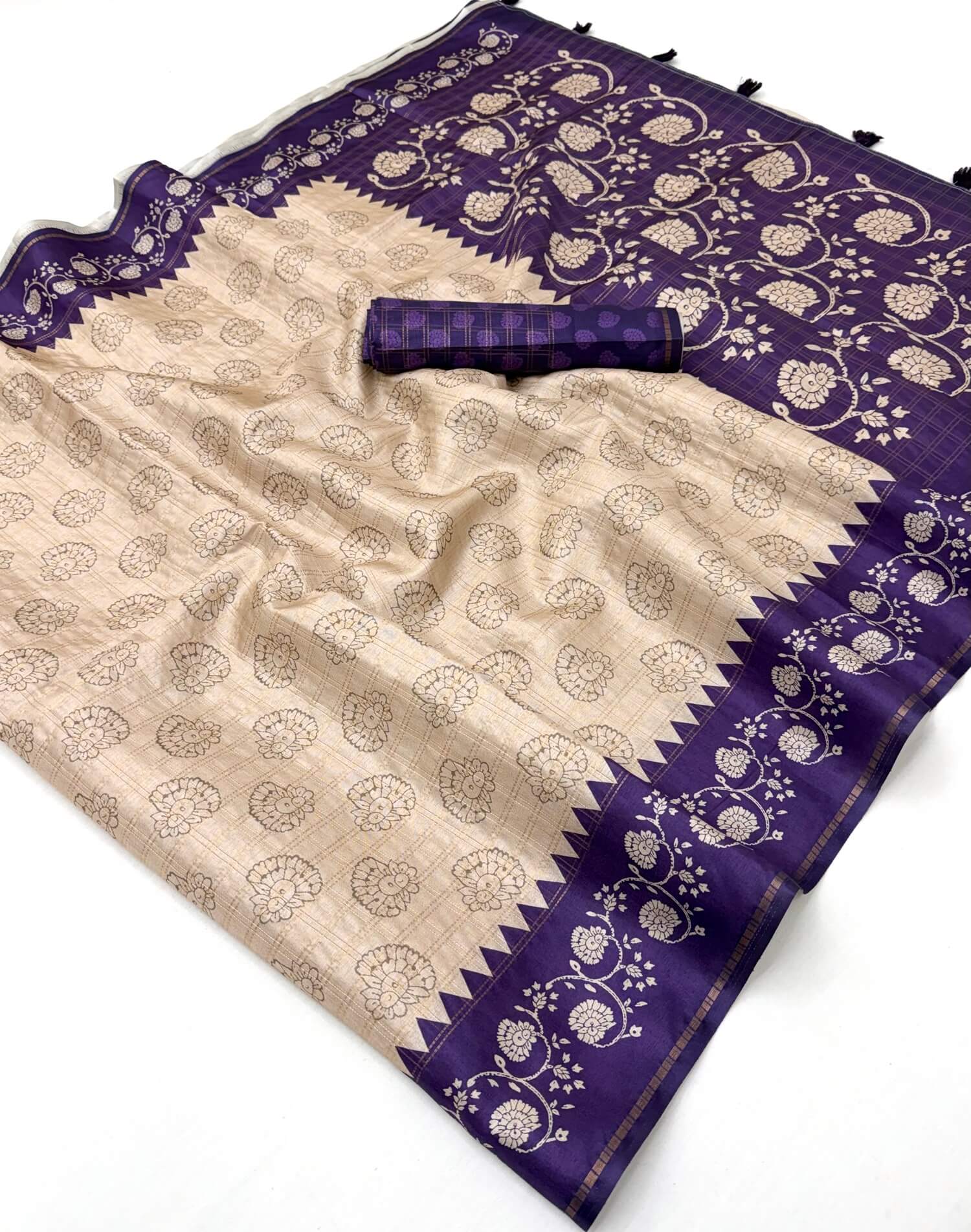Alluring Beige Printed Tussar Silk Saree With Unique Blouse Piece