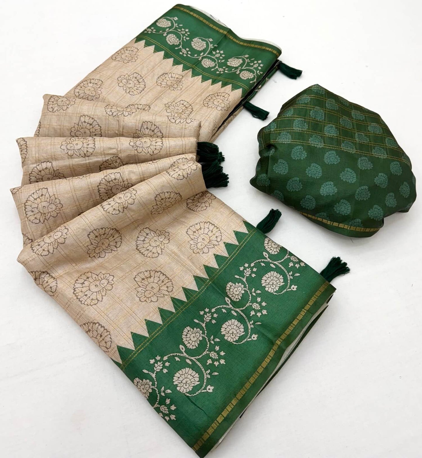 Delightful Beige Printed Tussar Silk Saree With Dissemble Blouse Piece
