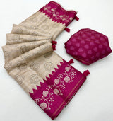 Elaborate Beige Printed Tussar Silk Saree With Unequalled Blouse Piece