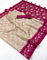 Elaborate Beige Printed Tussar Silk Saree With Unequalled Blouse Piece