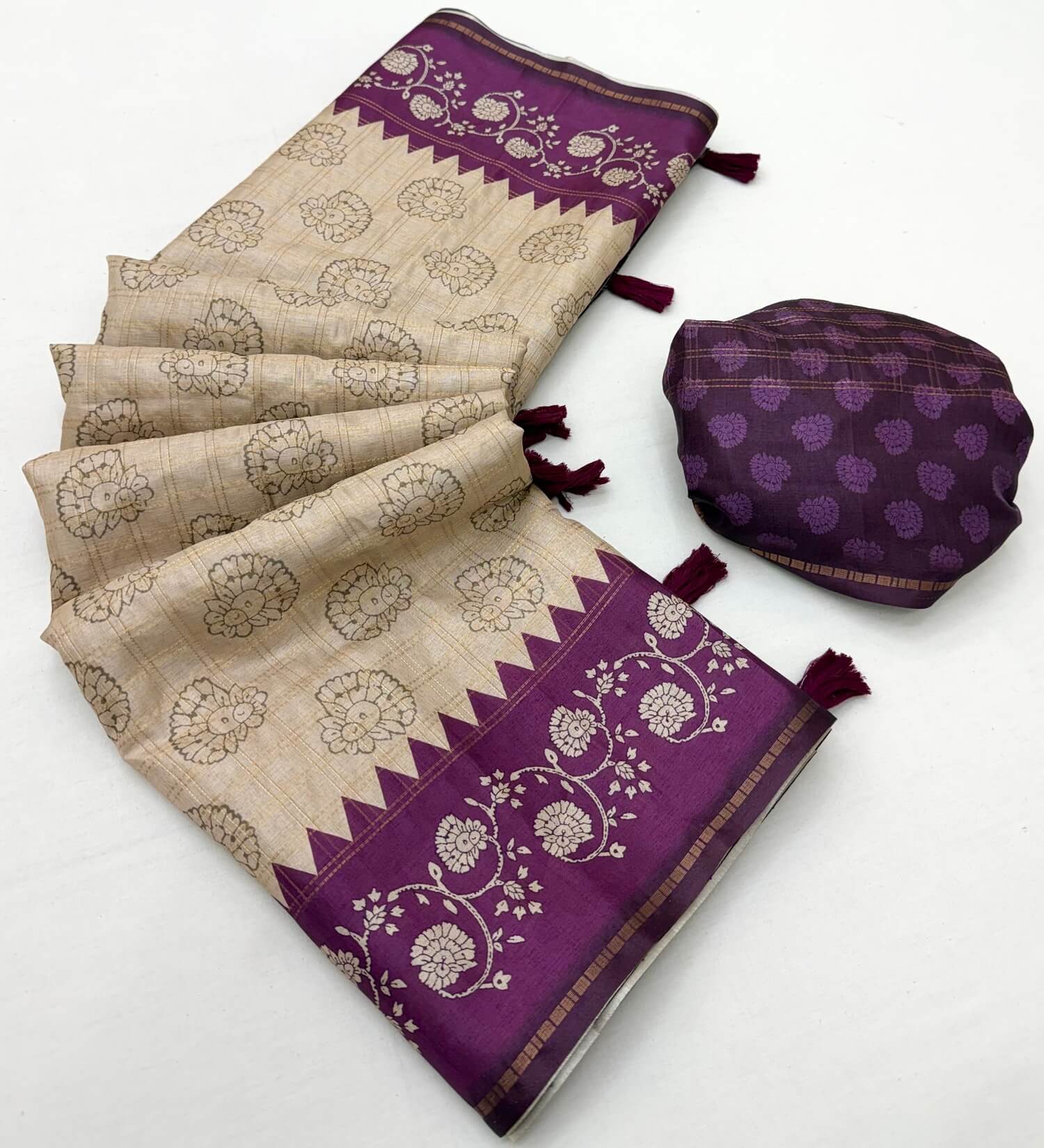 Pleasant Beige Printed Tussar Silk Saree With Girlish Blouse Piece