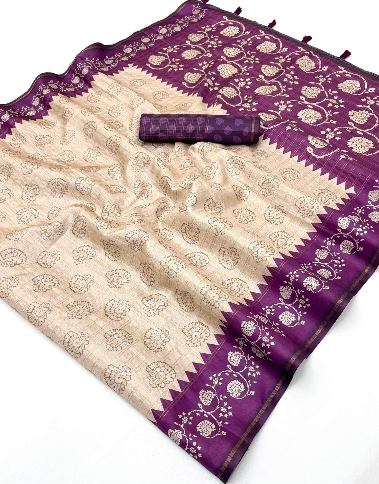 Pleasant Beige Printed Tussar Silk Saree With Girlish Blouse Piece