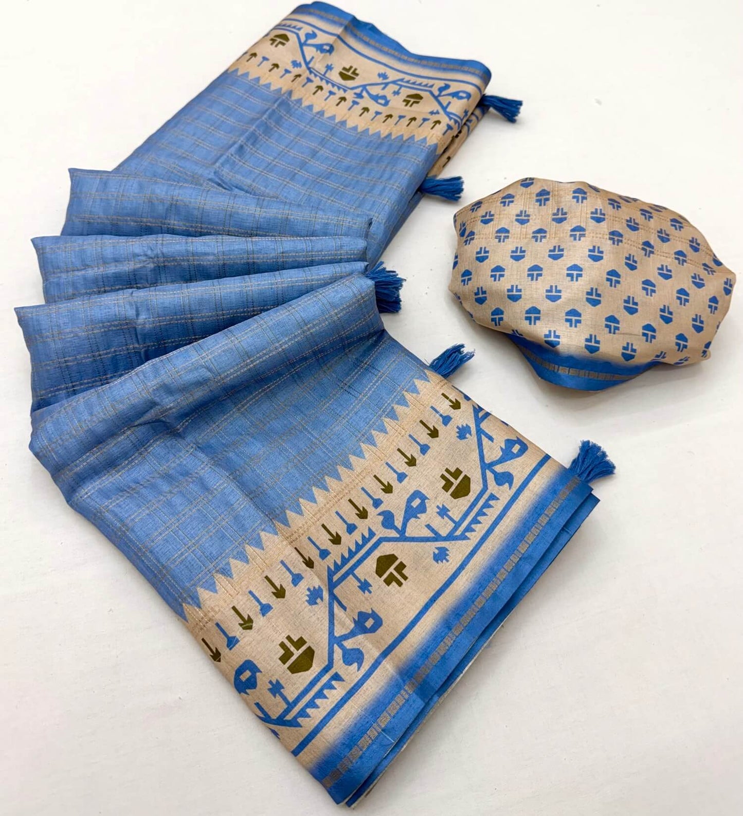Glittering Blue Printed Tussar Silk Saree With Effulgent Blouse Piece
