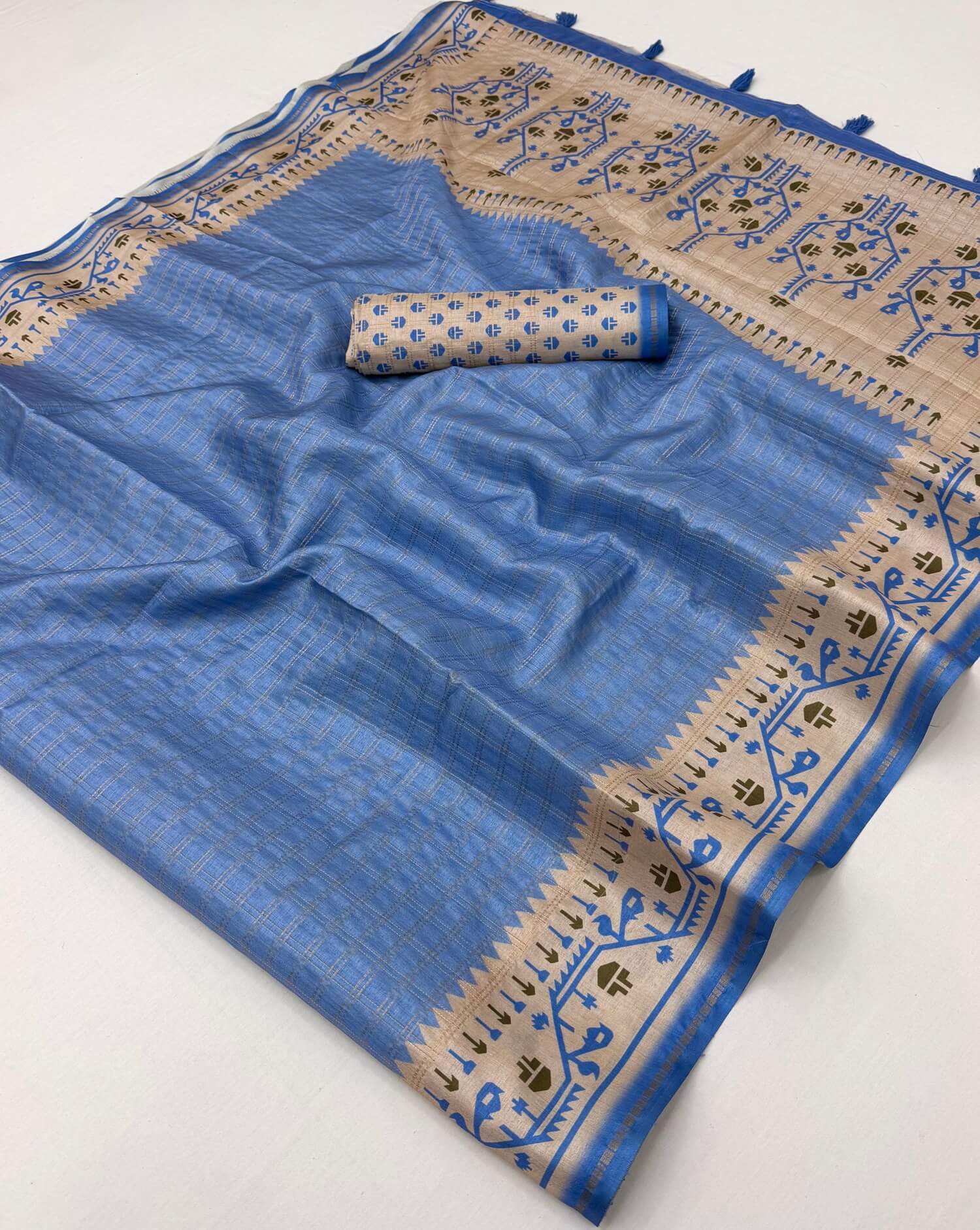 Glittering Blue Printed Tussar Silk Saree With Effulgent Blouse Piece
