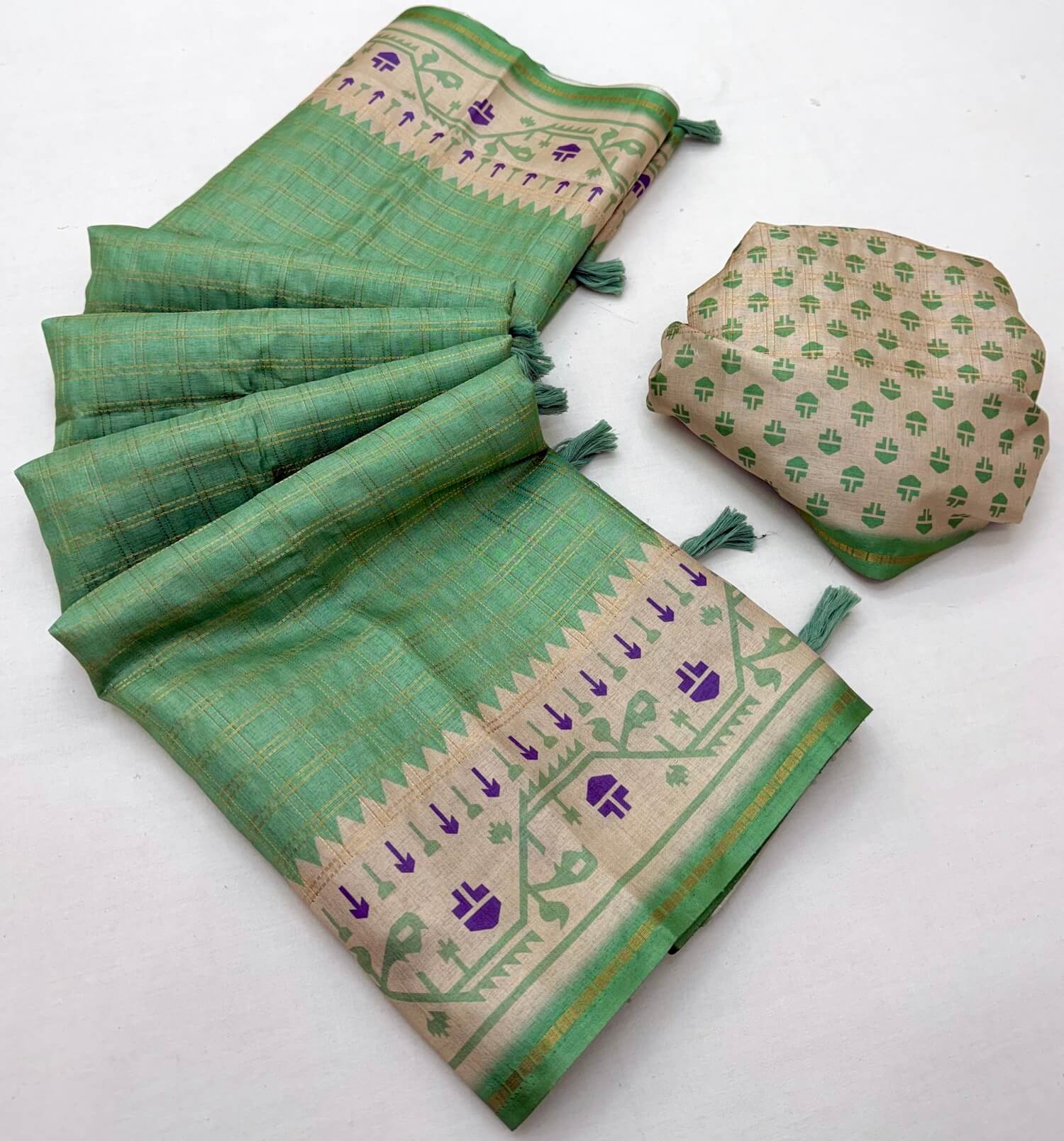 Prominent Pista Printed Tussar Silk Saree With Divine Blouse Piece