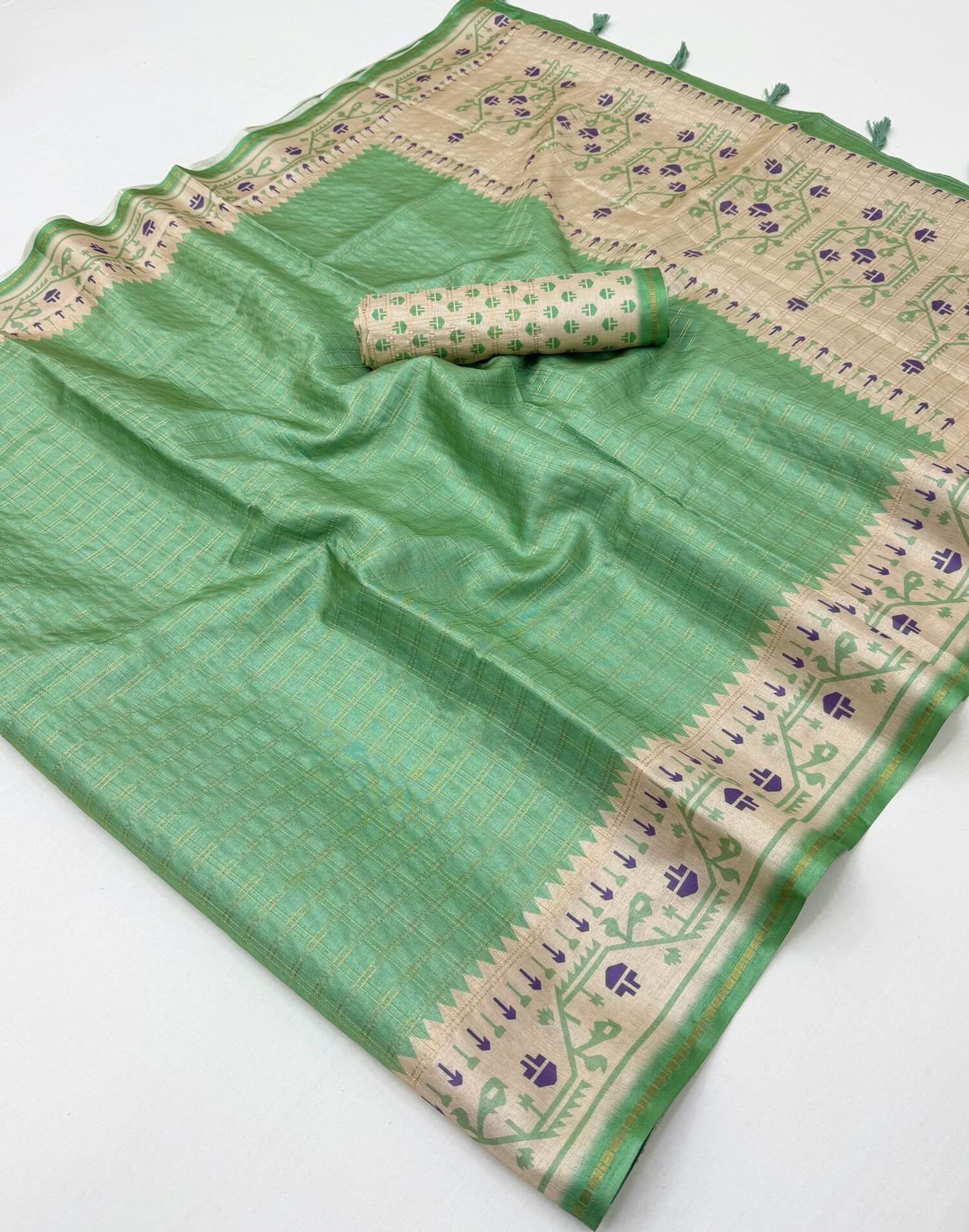 Prominent Pista Printed Tussar Silk Saree With Divine Blouse Piece