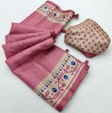 Enticing Pink Printed Tussar Silk Saree With Susurrous Blouse Piece