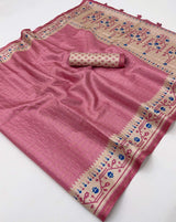 Enticing Pink Printed Tussar Silk Saree With Susurrous Blouse Piece