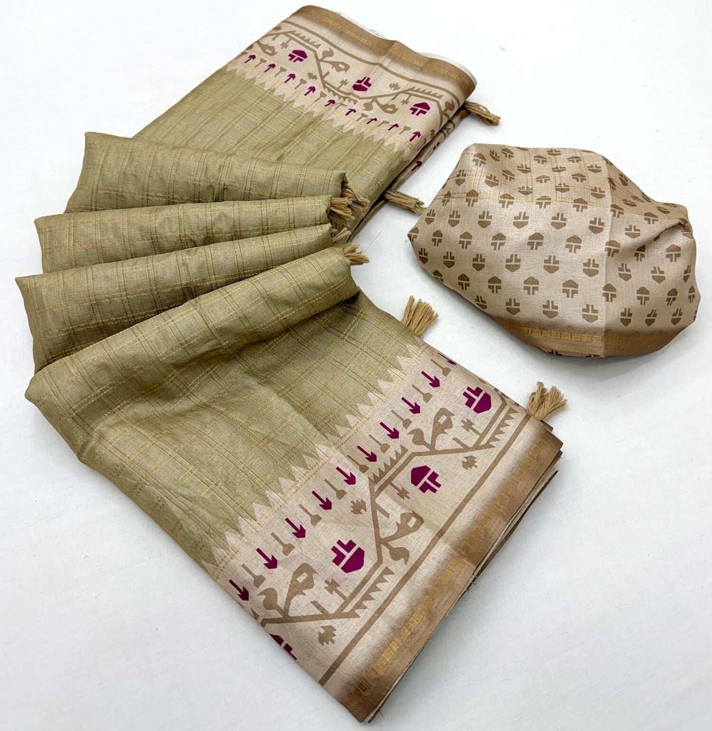 Majestic Beige Printed Tussar Silk Saree With Resonant Blouse Piece