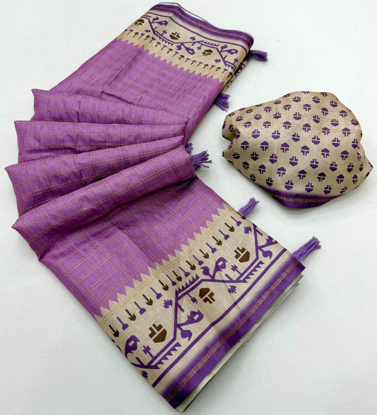 Exquisite Lavender Printed Tussar Silk Saree With Profuse Blouse Piece