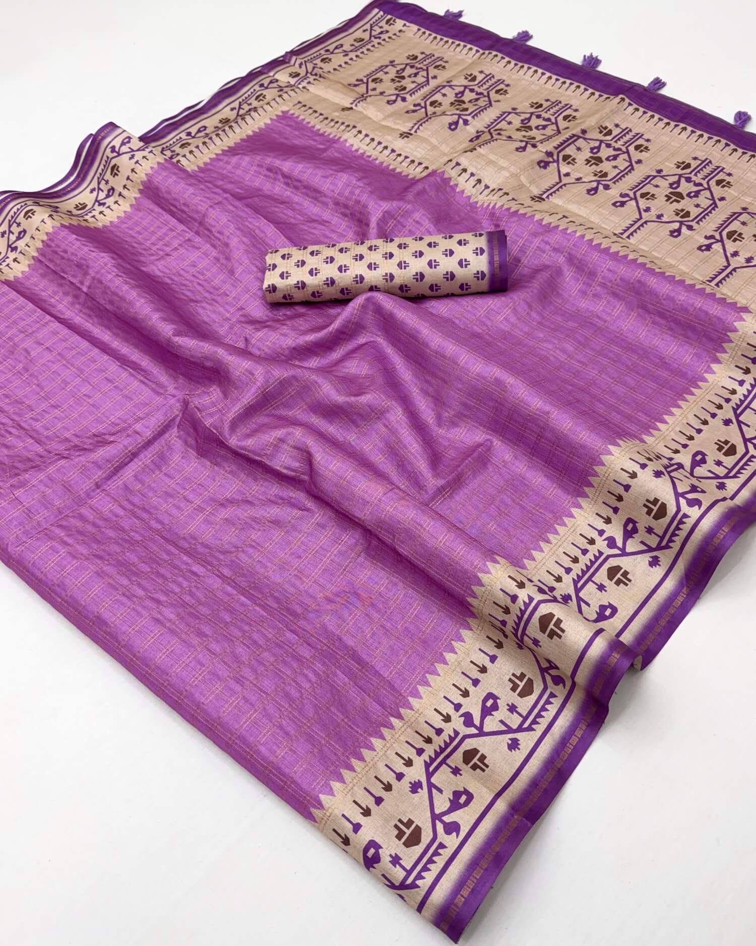 Exquisite Lavender Printed Tussar Silk Saree With Profuse Blouse Piece