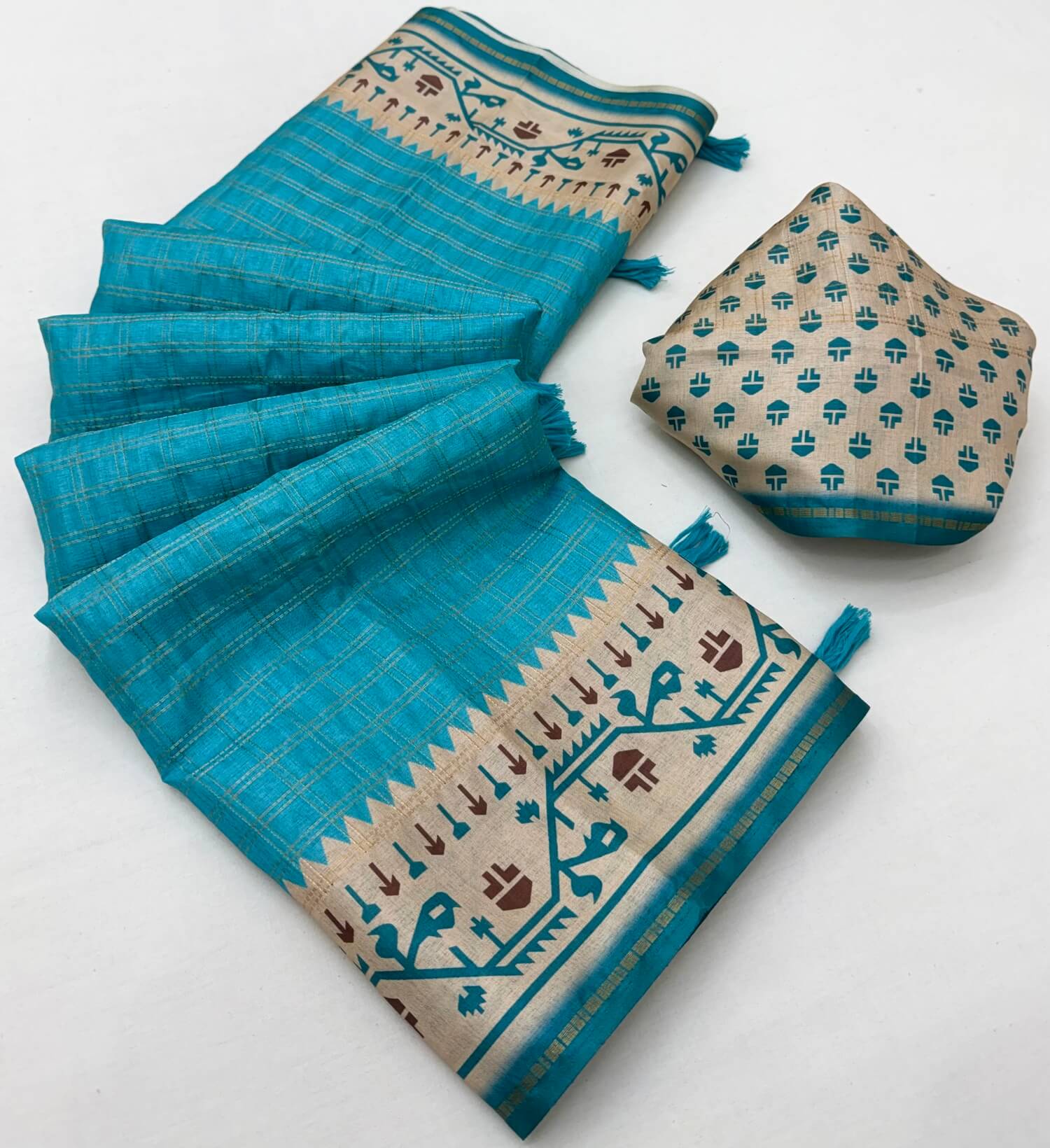 Lovely Firozi Printed Tussar Silk Saree With Extraordinary Blouse Piece