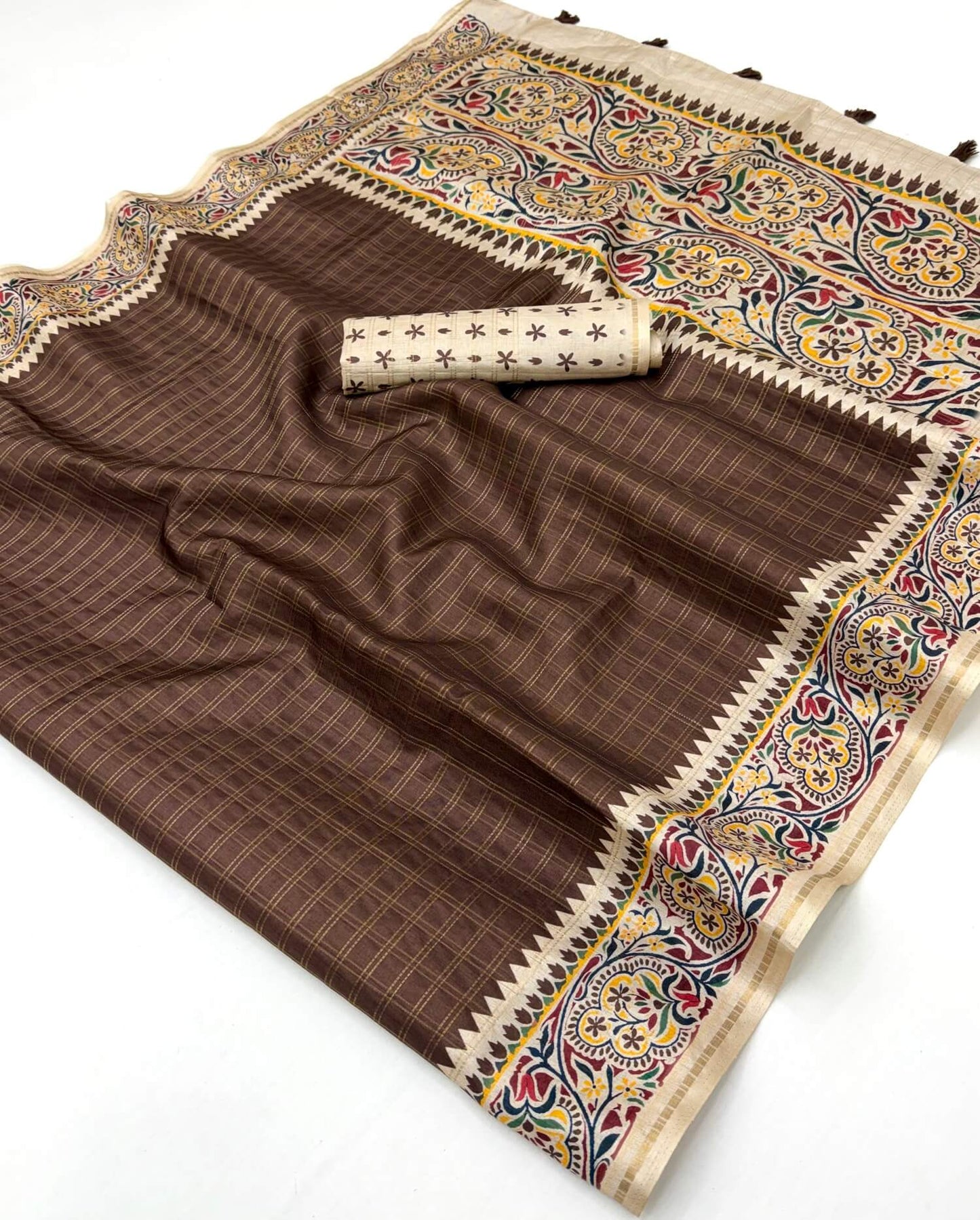 Amiable Brown Printed Tussar Silk Saree With Marvellous Blouse Piece