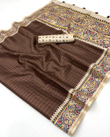 Amiable Brown Printed Tussar Silk Saree With Marvellous Blouse Piece