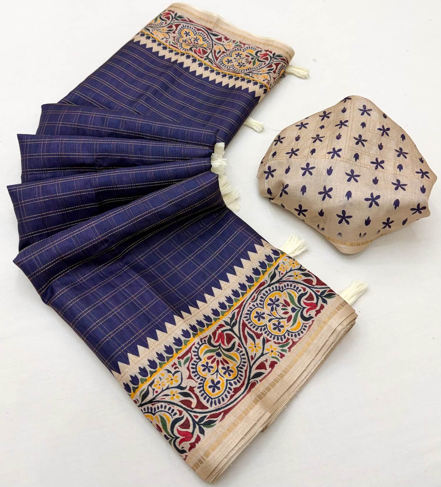 Forbearance Navy Blue Printed Tussar Silk Saree With Felicitous Blouse Piece